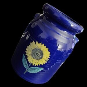 Vintage Blue Pottery Vase Sunflower Hand Painted Crock Style